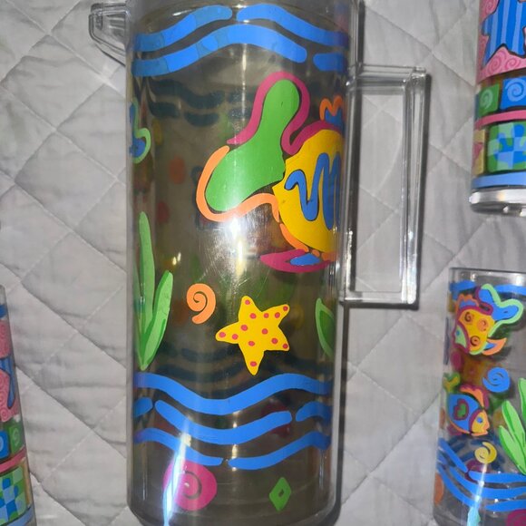 Vintage 1990s Nautical Fish Motif Acrylic Tumblers, Set of 10 with pitcher - Picture 2 of 5